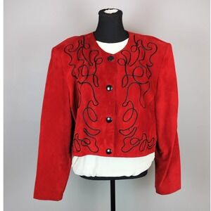 Vintage Danier Suede Embroidered Cropped Jacket Women Large Red Soutache Leather